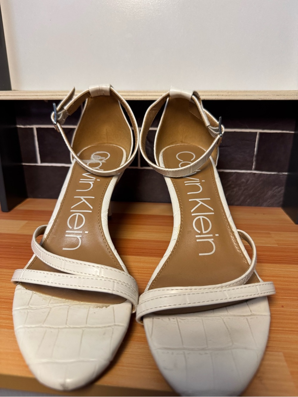 Calvin Klein Ivory Croc-Texture Ankle-Strap Heels